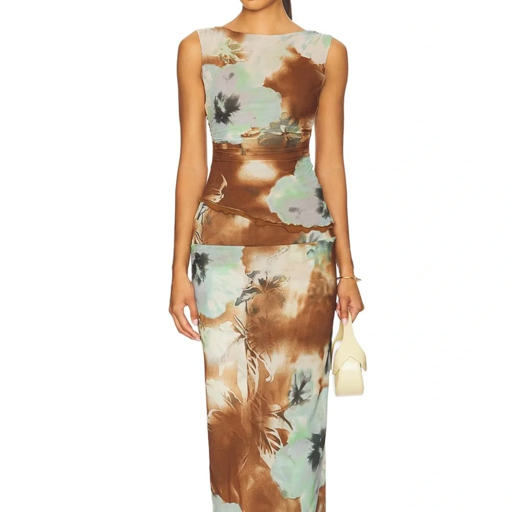 Free People Brown and Mint Floral Skirt and Top Matching Set